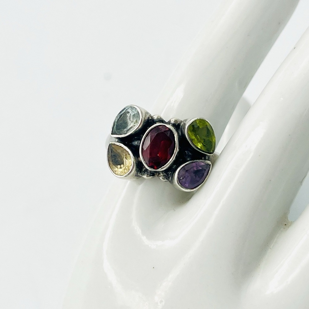 Rainbow Multi-Stone Sterling Silver Ring Sz 7.75 Garnet Topaz‎ Amethyst Citrine